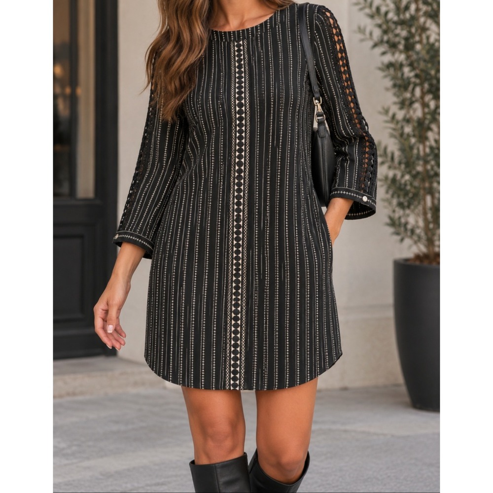 Ann Taylor Black mod shift dress striped crochet trim retro 60's flare small